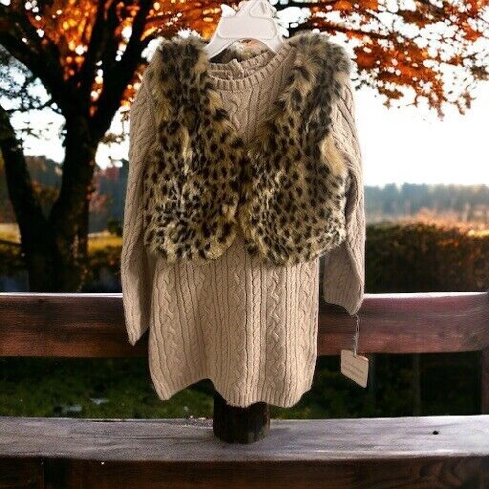 NWT Catherine Malandrino Girls Sz 3T Cable Knit Sweater Dress Vest Hat Leopard‎